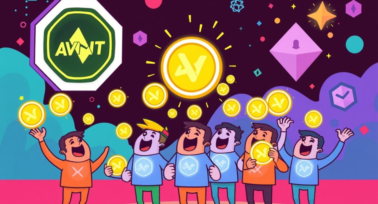 Avantis AVNT rewards being distributed to happy XP holders, symbolizing the token distribution program.